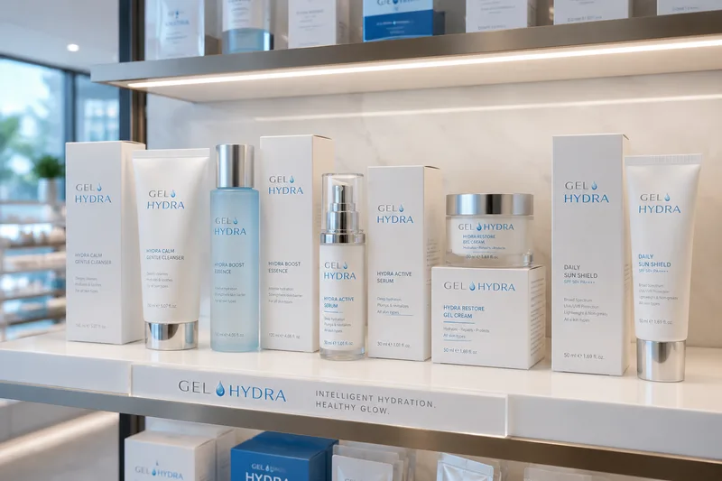 Shelf of white and pale blue GelHydra skincare: cleanser, essence, serum, gel cream and sun shield above a branded rail