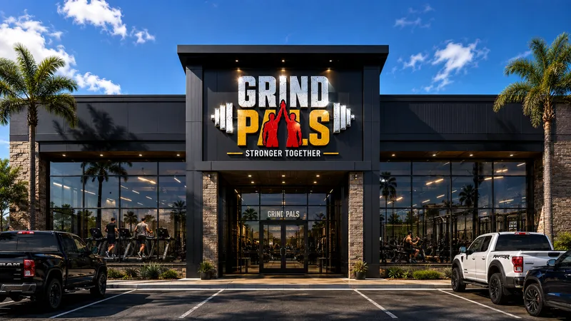 Black gym frontage under palm trees with the lit GrindPals sign, glass walls showing treadmills, pickup trucks parked outside