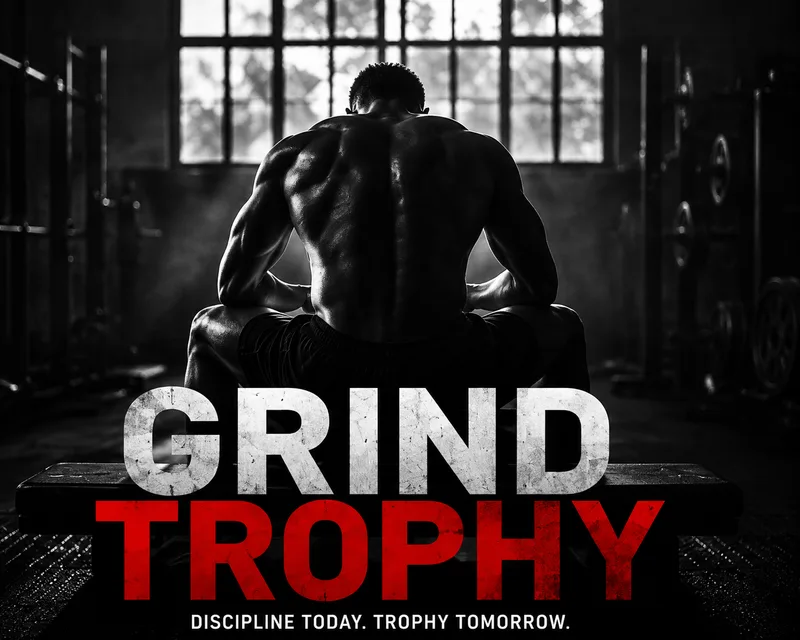 Muscular athlete seen from behind on a gym bench in black and white, GRIND TROPHY in white and red, DISCIPLINE TODAY. TROPHY TOMORROW.