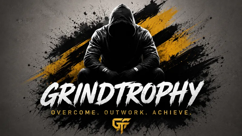 Hooded figure crouching against black and yellow paint strokes, brush-lettered GRINDTROPHY and OVERCOME. OUTWORK. ACHIEVE.