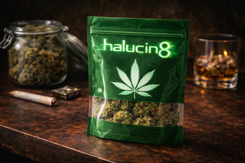 Green resealable pouch with the halucin8 logo and a cannabis leaf, a jar of buds, a rolled joint and a glass of whisky behind