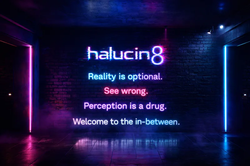 Dark brick wall with neon halucin8 logo and the lines Reality is optional. See wrong. Perception is a drug. Welcome to the in-between.