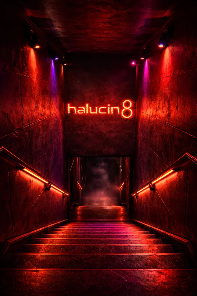 Narrow stairwell lit red and violet descending into fog, with halucin8 in red neon above the doorway