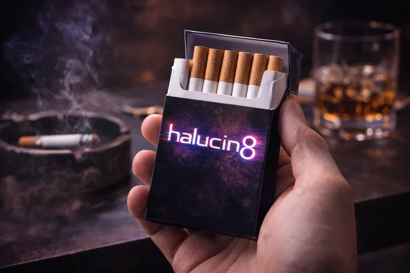Hand holding an open dark carton of cigarettes printed with the glowing halucin8 logo, an ashtray and a glass of whisky behind