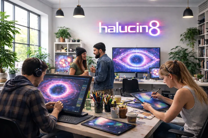 Bright design studio with artists drawing violet nebula and eye images on screens and tablets, halucin8 glowing on the wall