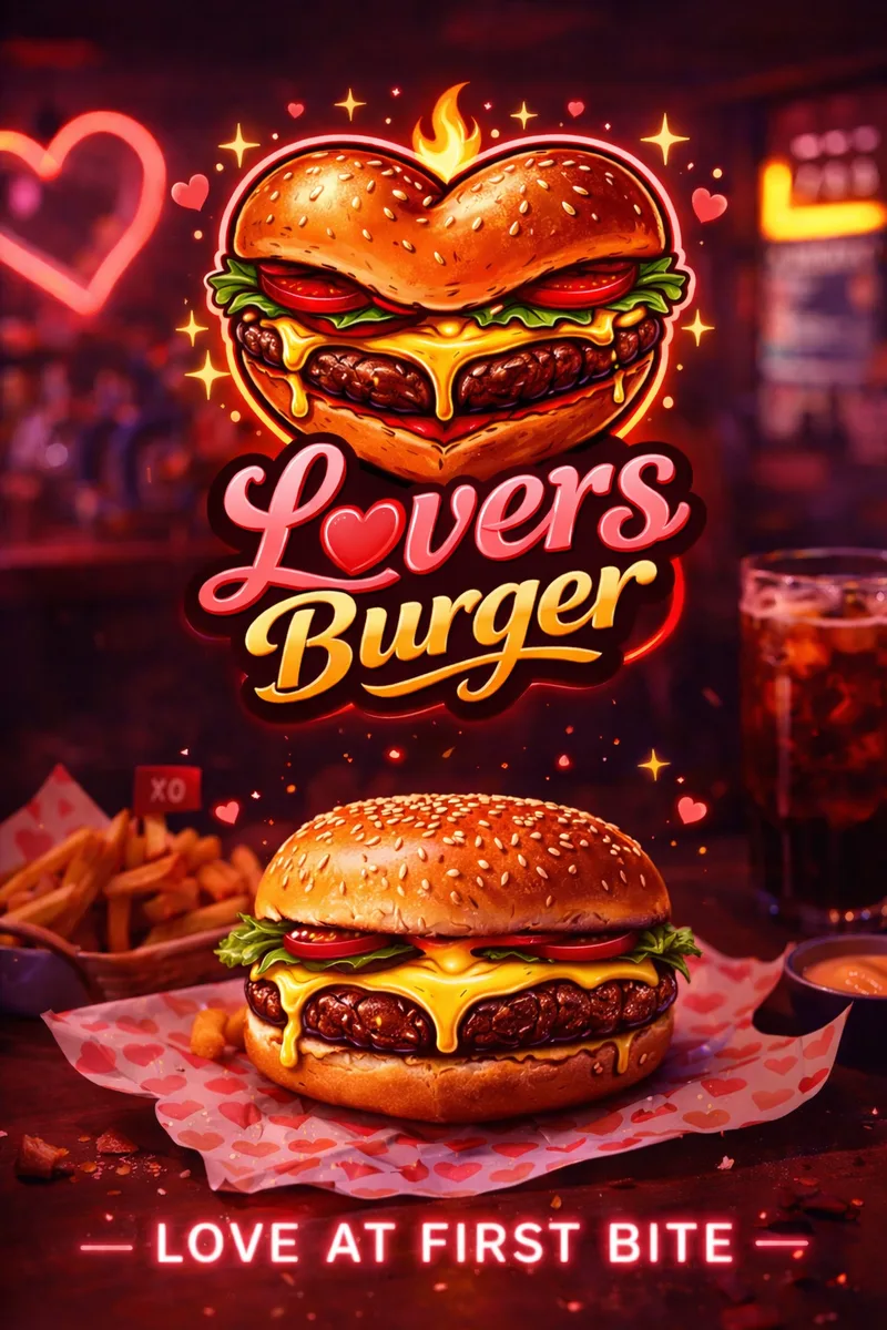 Poster: Lovers Burger logo above a cheeseburger on heart-print paper, with fries, a cola, a neon heart and the line Love at First Bite