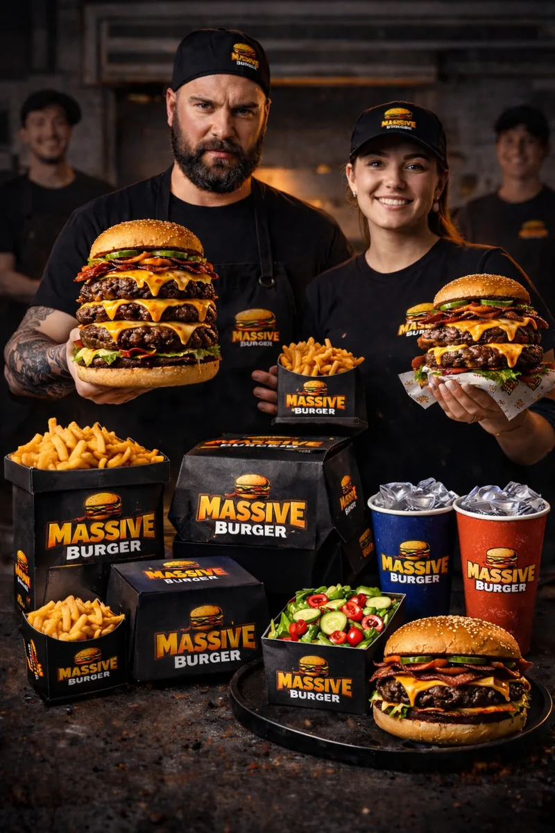 Two chefs in black caps hold tall triple-patty burgers behind Massive Burger boxes, fries cartons, a salad and red and blue cups