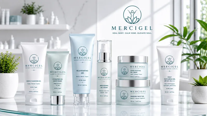 MerciGel skincare in white tubes and frosted jars on a marble counter: cleansing gel, moisturiser, serum, night gel, sun shield