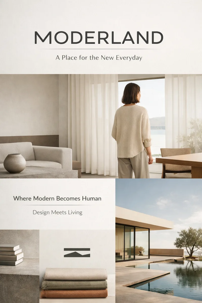 Cream poster with MODERLAND, a woman at a window facing the sea, folded linens and a house by a pool, with three short taglines