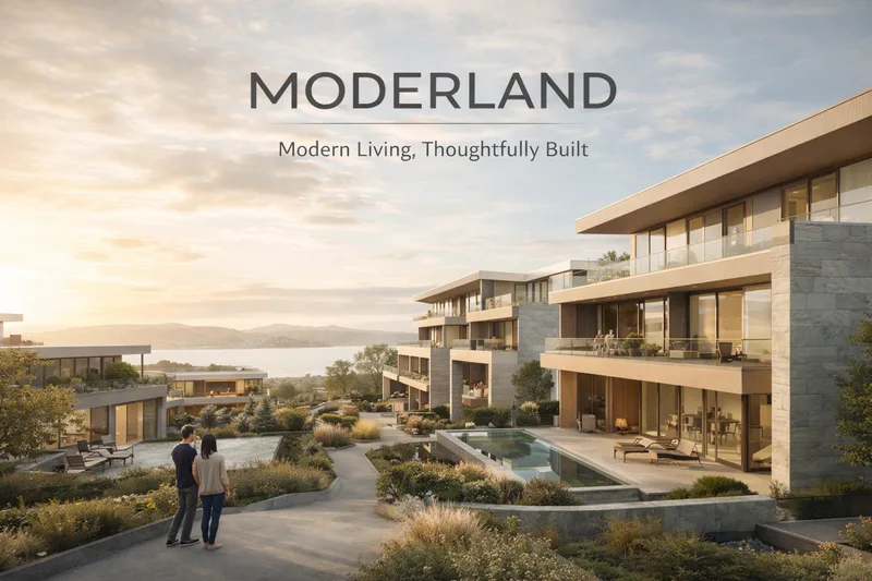 Terraced modern homes with glass balconies and a pool above a bay at sunset, MODERLAND and Modern Living, Thoughtfully Built