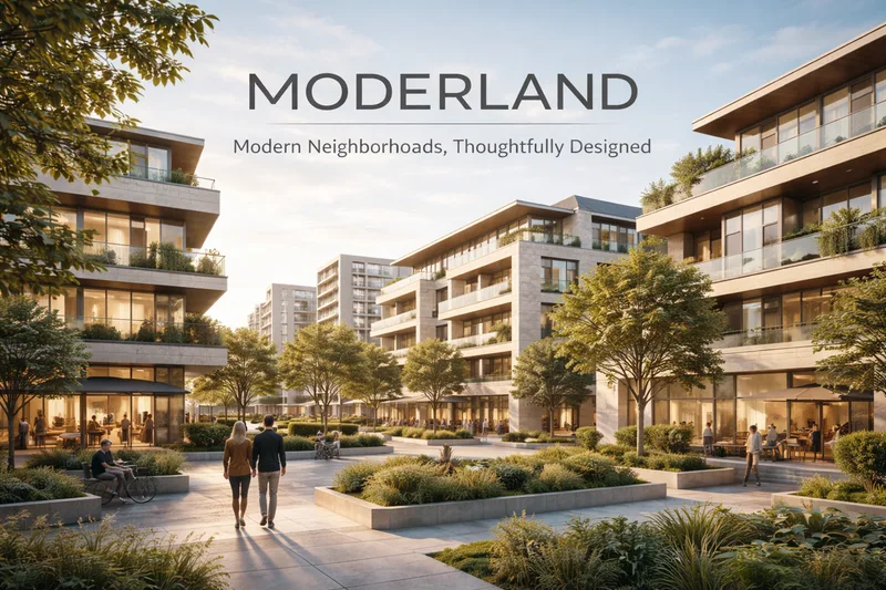 Stone apartment blocks around a planted courtyard at sunset, MODERLAND and the line Modern Neighborhoods, Thoughtfully Designed