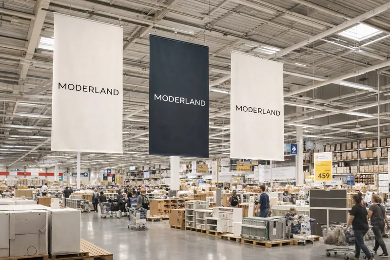 Warehouse store interior with two white banners and one navy banner reading MODERLAND hanging above shoppers and shelving