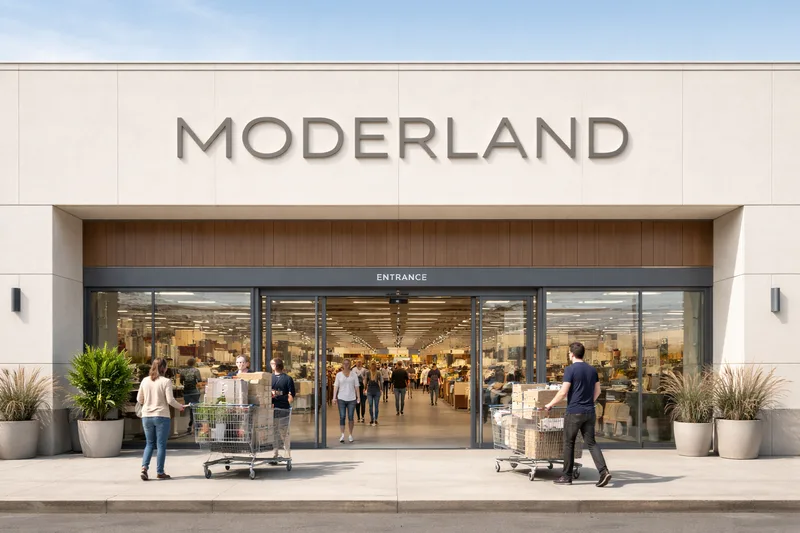 Pale store façade with MODERLAND in large grey letters above a glass entrance, shoppers pushing trolleys loaded with boxes
