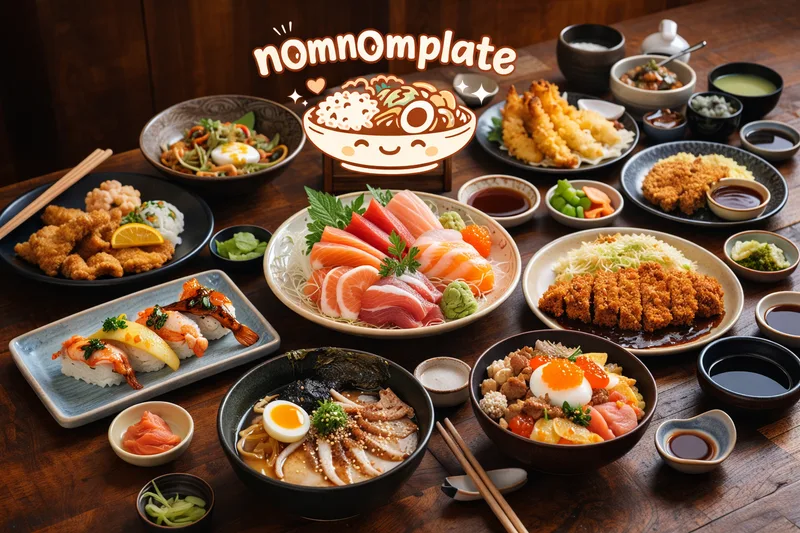 Table of Japanese dishes including sashimi, sushi, ramen, tonkatsu, tempura and rice bowls, with the nomnomplate logo above