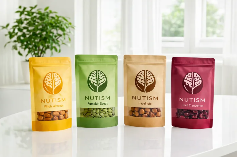 Four Nutism pouches on a white table: yellow whole almonds, green pumpkin seeds, kraft hazelnuts and burgundy dried cranberries