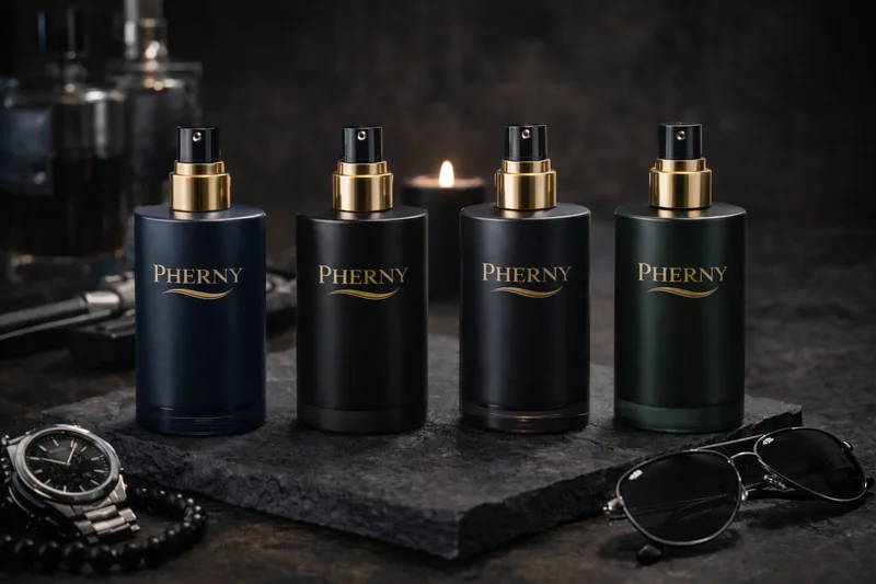Four matte Pherny spray bottles in navy, black and green on slate, with a steel watch, beads and aviator sunglasses