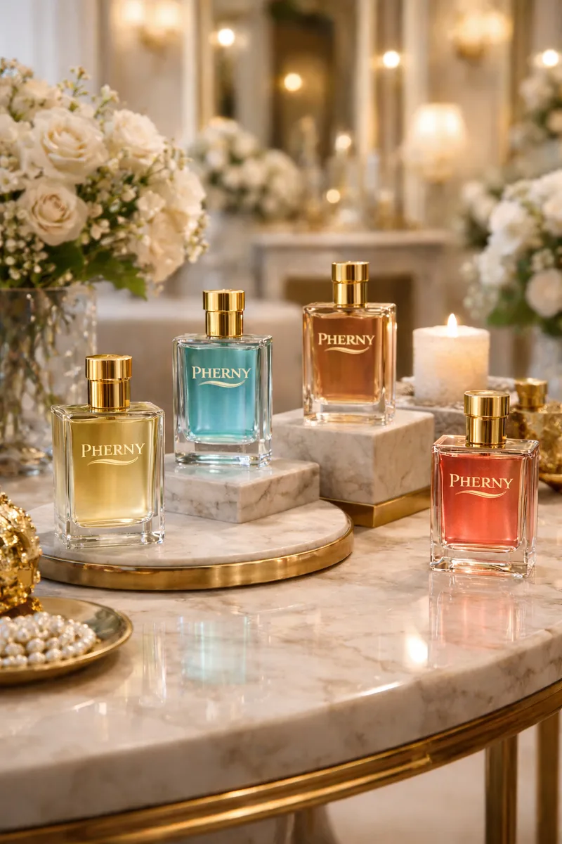 Four square Pherny perfume bottles in yellow, aqua, amber and coral on marble plinths, with white roses, pearls and a candle