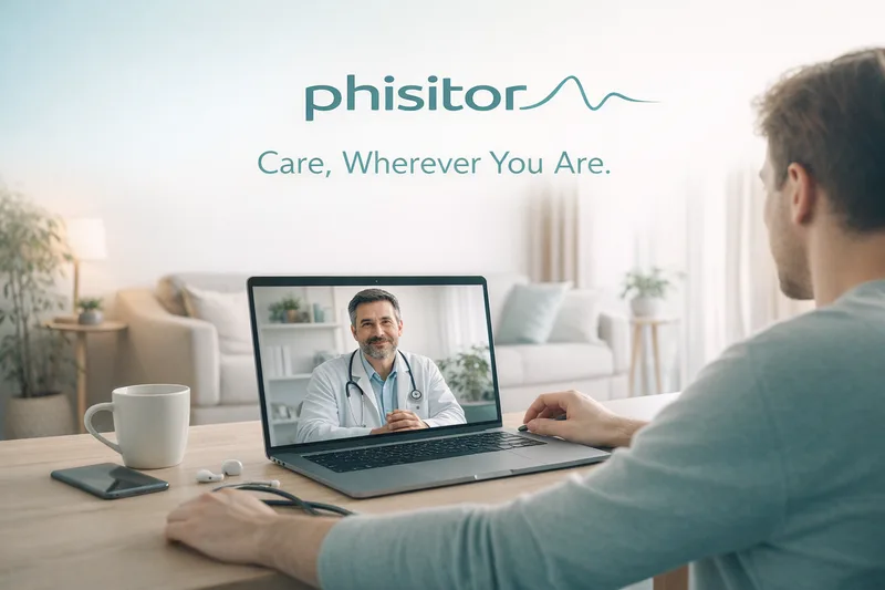 Man at a wooden table on a video call with a smiling doctor in a white coat; phisitor logo and Care, Wherever You Are. above