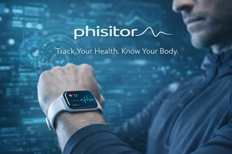 Man checking a white smartwatch showing a heart rate of 72 and a pulse trace; phisitor logo and Track Your Health. Know Your Body.