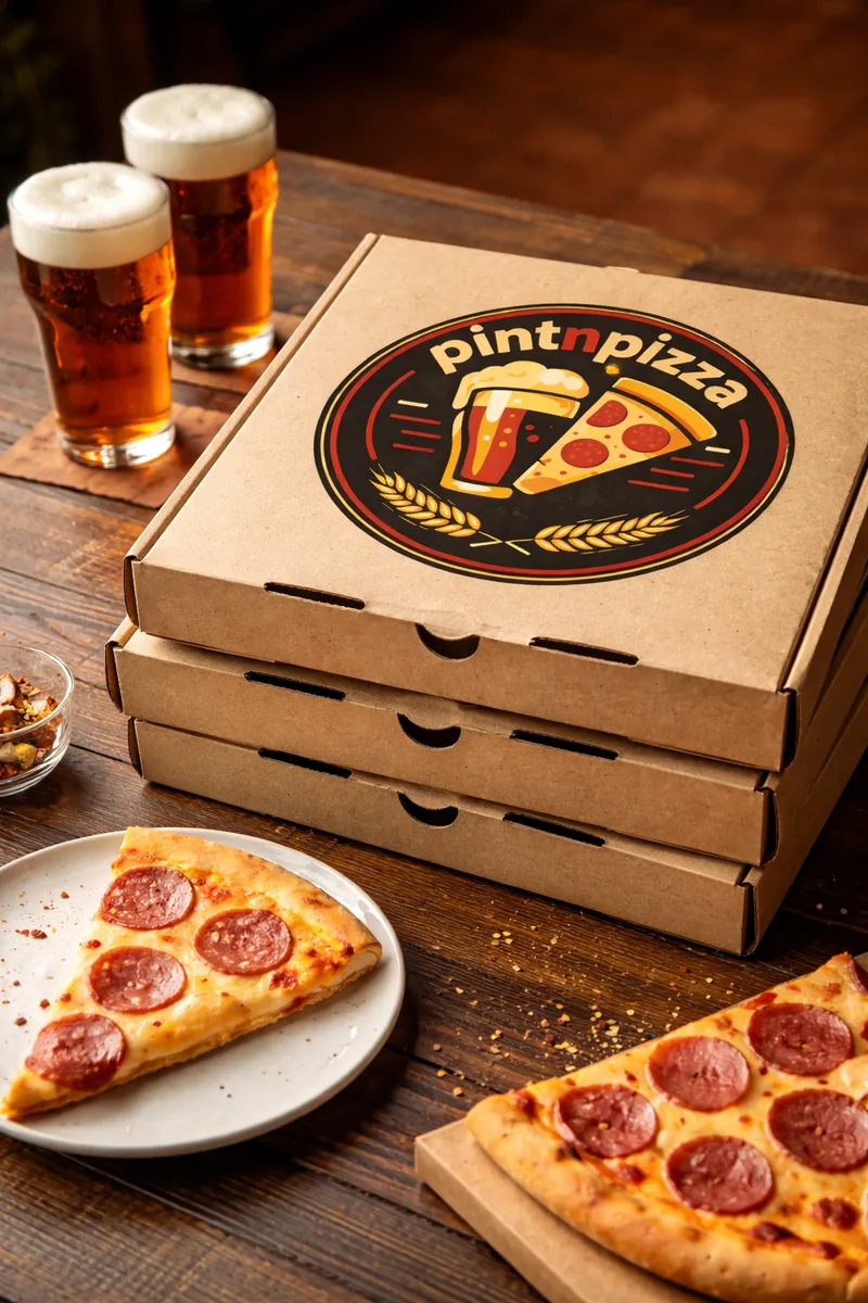 Stack of kraft pizza boxes printed with the PintnPizza logo, two pints and pepperoni pizza on a wooden table