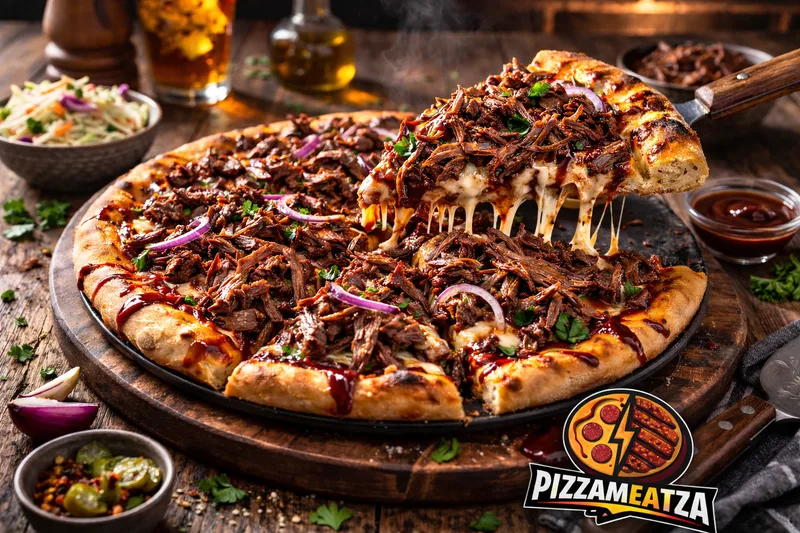 Pulled beef pizza with red onion and barbecue sauce, one slice lifted with stretching cheese, PizzaMeatza logo in the corner