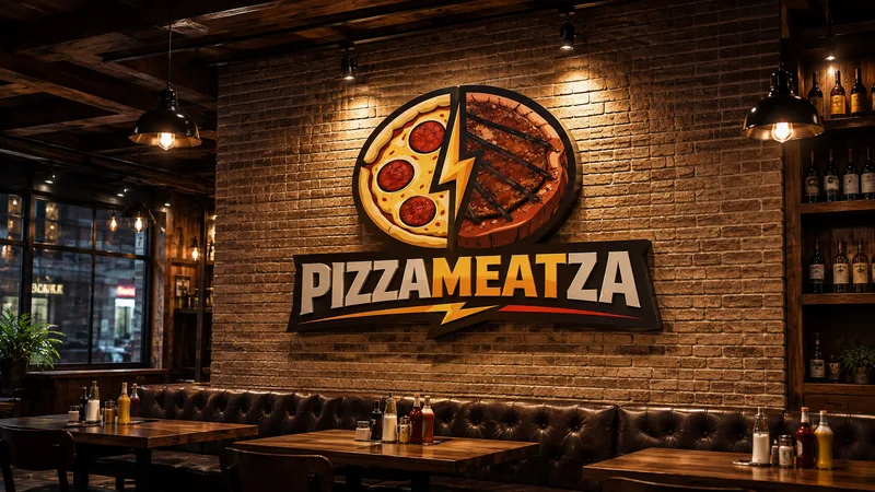 Restaurant interior with leather banquettes and wooden tables below a large illuminated PizzaMeatza sign on a brick wall