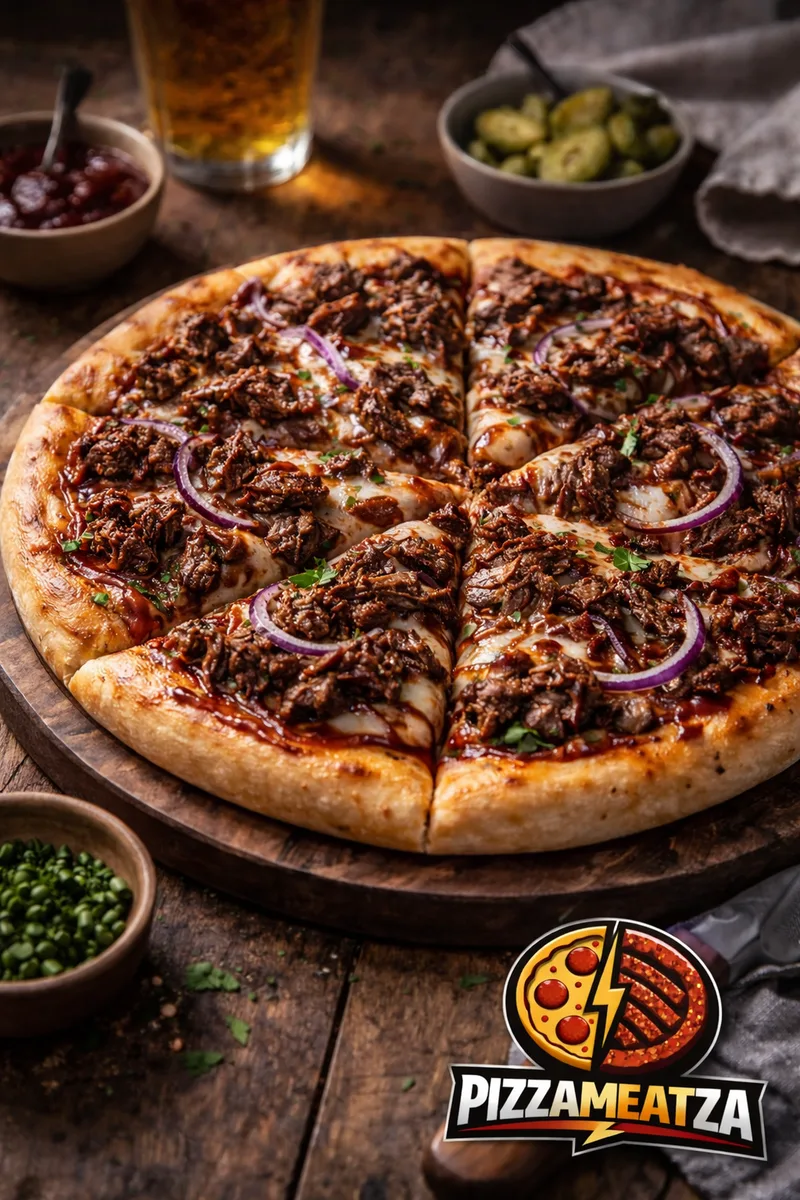 Whole pulled beef pizza with red onion on a wooden board, with dips, pickles and a glass of beer, PizzaMeatza logo at lower right