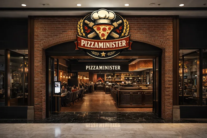 Pizzeria entrance under a brick arch with the PizzaMinister crest above and a warmly lit dining room through the doors