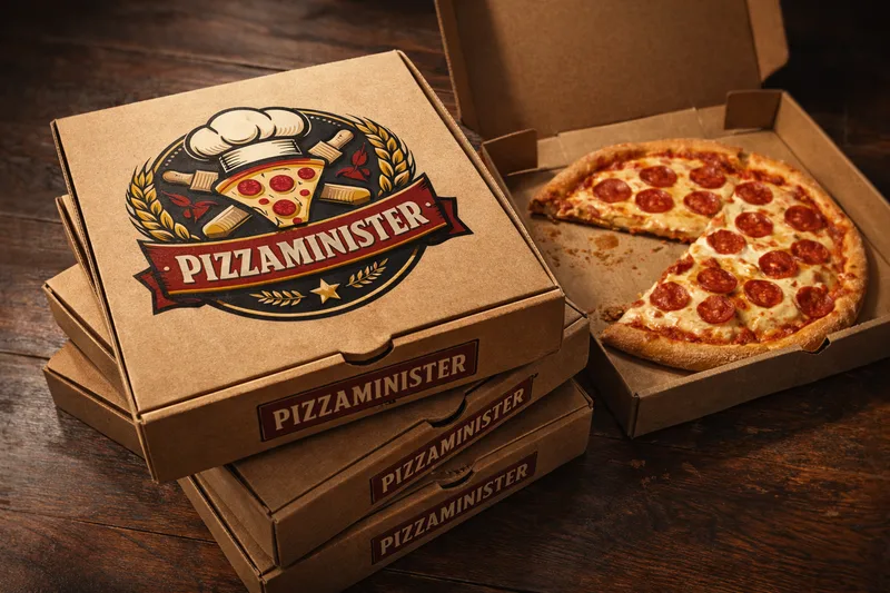 Stacked kraft pizza boxes with the PizzaMinister crest, beside an open box holding a pepperoni pizza with one slice gone
