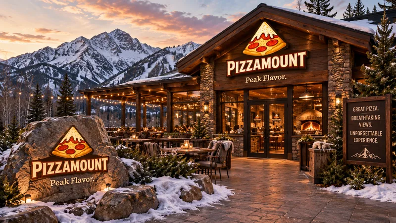 Timber and stone pizzeria at dusk below snowy peaks, PizzaMount sign over the door and on a lit boulder, with Peak Flavor