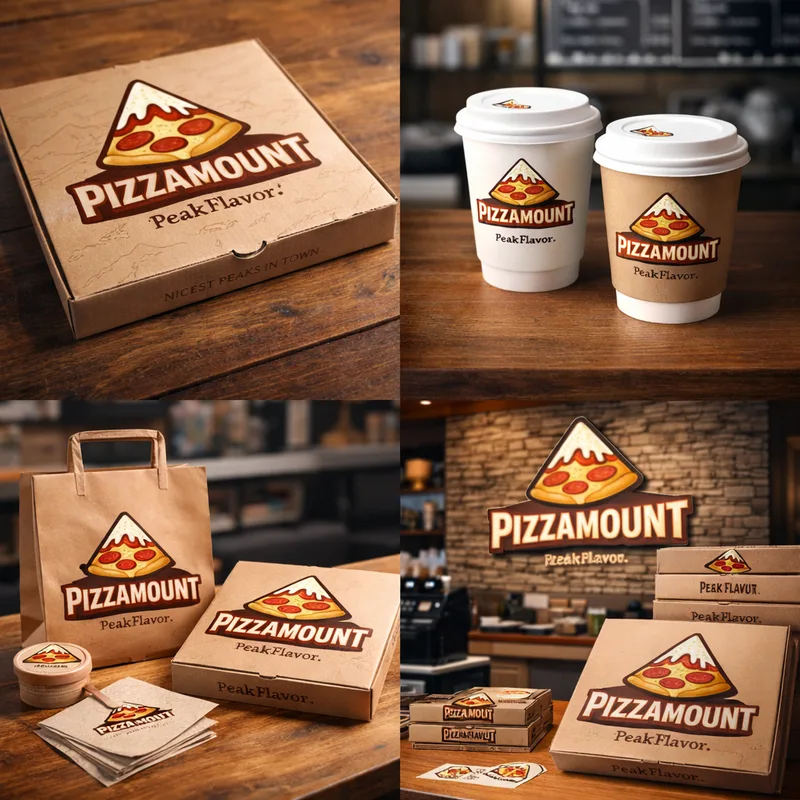 Four-panel grid: PizzaMount pizza box, two coffee cups, a carrier bag with box and napkins, and a wall sign over stacked boxes