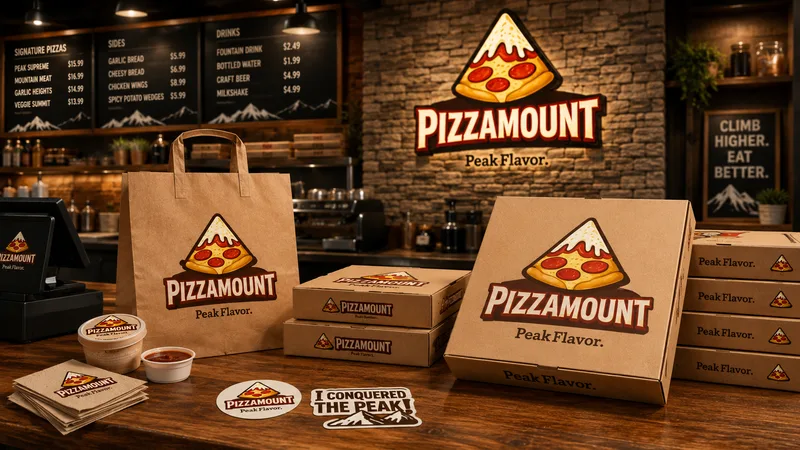 Pizzeria counter with branded kraft bag, boxes, sauce pots and stickers, a PizzaMount sign on stone and chalk menu boards