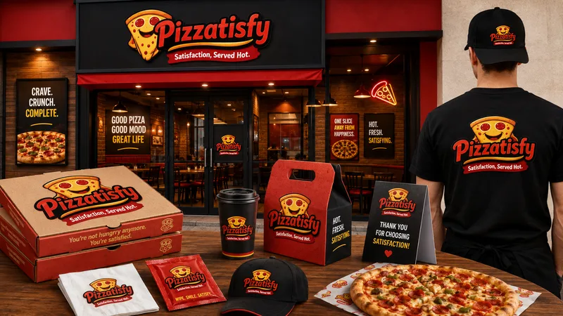 Pizzatisfy shopfront with branded boxes, cup, carton, cap, napkins and table card, and a staff member in a logo T-shirt