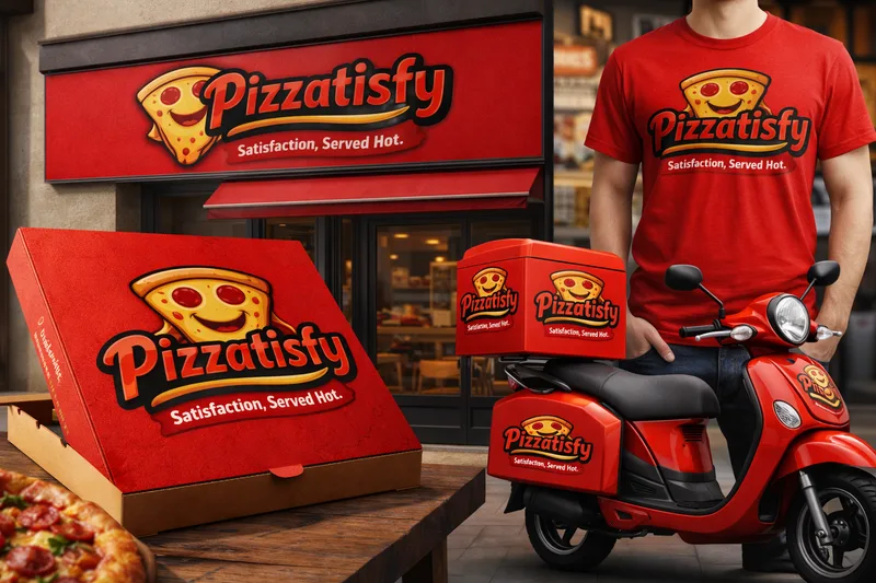 Red Pizzatisfy pizza box, shop fascia, delivery scooter with a branded top case, and a person in a red logo T-shirt