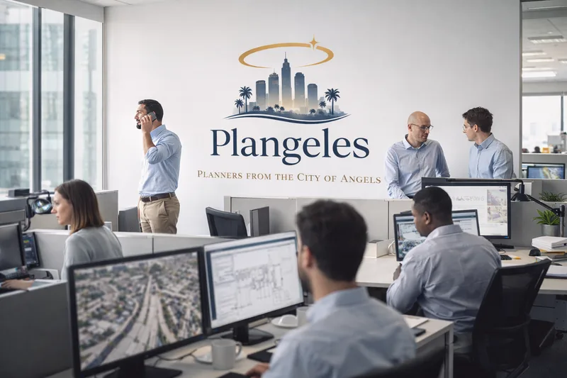Open-plan office with staff at screens showing aerial maps and drawings, the Plangeles logo and tagline painted on the wall