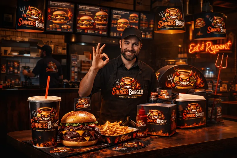 Smiling chef in a SinnersBurger apron gives an OK sign behind a counter of branded cup, burger, fries and boxes, by an Eat & Repent neon