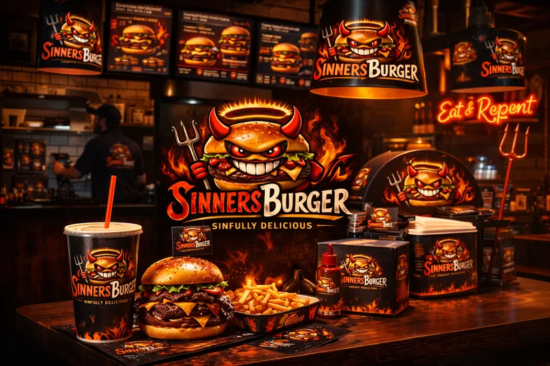 The same branded counter with the chef replaced by a large horned burger logo reading SinnersBurger, Sinfully Delicious