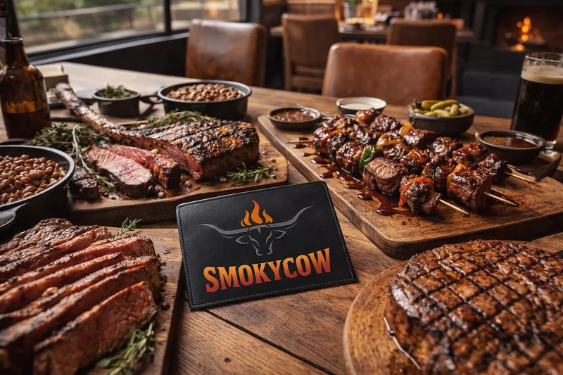 Wooden table of grilled tomahawk steak, sliced ribeye, glazed beef skewers and baked beans around a black SmokyCow menu card
