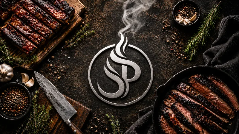 Silver SP monogram on dark stone among charred ribs, sliced steak in a cast-iron pan, a knife, garlic, peppercorns and rosemary