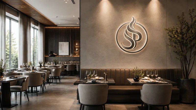 Restaurant interior with leather banquettes, laid tables and wine glasses, and a backlit SP monogram on a stone wall