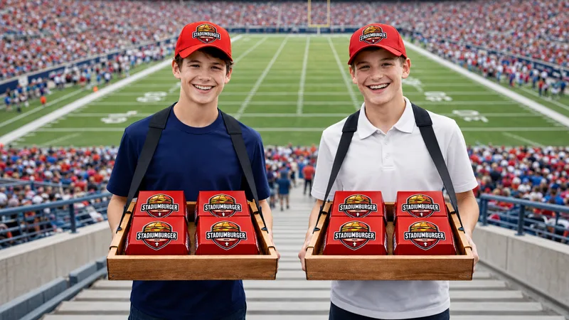 Two young men in red StadiumBurger caps hold wooden trays of red burger boxes at the top of a stand above an American football field