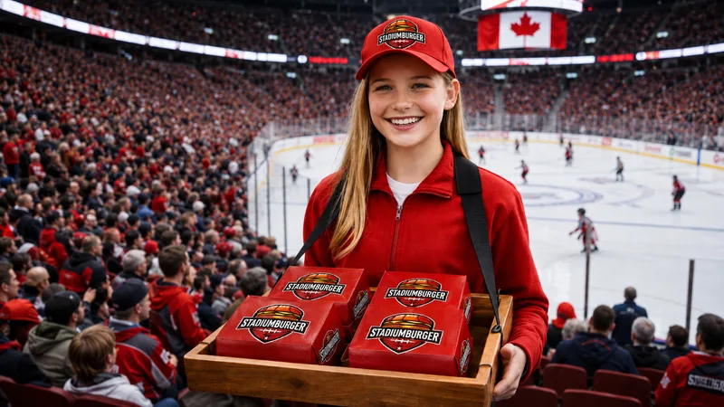 Young woman in a red StadiumBurger cap and jacket carries a wooden tray of red burger boxes through the stands of an ice hockey arena