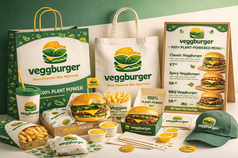 Veggburger items in green and yellow: paper bag, tote, cup, fries, wrapped burgers, boxes, a cap and an easel menu of three burgers
