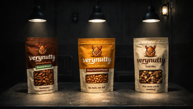Three VeryNutty pouches, roasted almonds, honey roasted peanuts and trail mix, under hanging lamps on a metal table in a dark room
