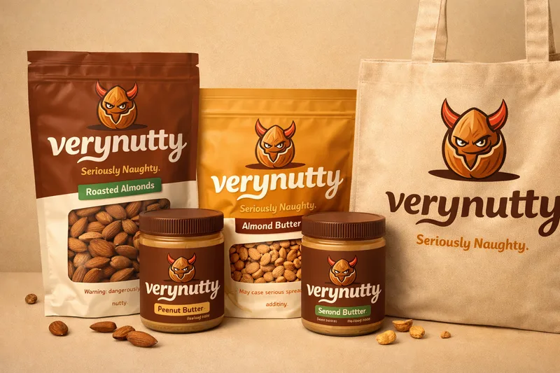 VeryNutty roasted almond and almond butter pouches, two nut-butter jars and a canvas tote bag on a beige backdrop
