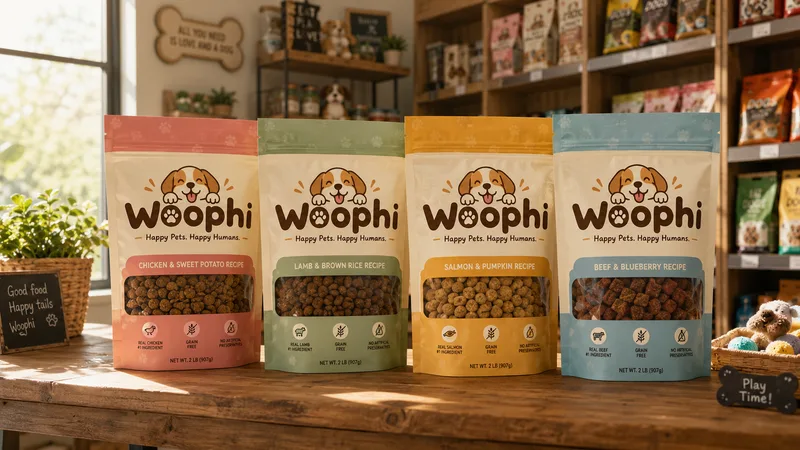 Four Woophi dog-food pouches in pink, green, yellow and blue on a wooden pet-shop counter, recipe names on each