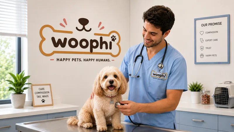 Vet in blue scrubs with a stethoscope examines a fluffy cream dog on a steel table, the Woophi bone logo on the wall behind
