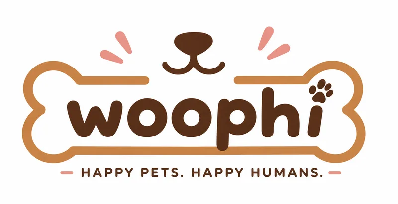 Woophi logo: brown wordmark inside an outlined orange bone, a dog's nose and smile above, Happy Pets. Happy Humans. below