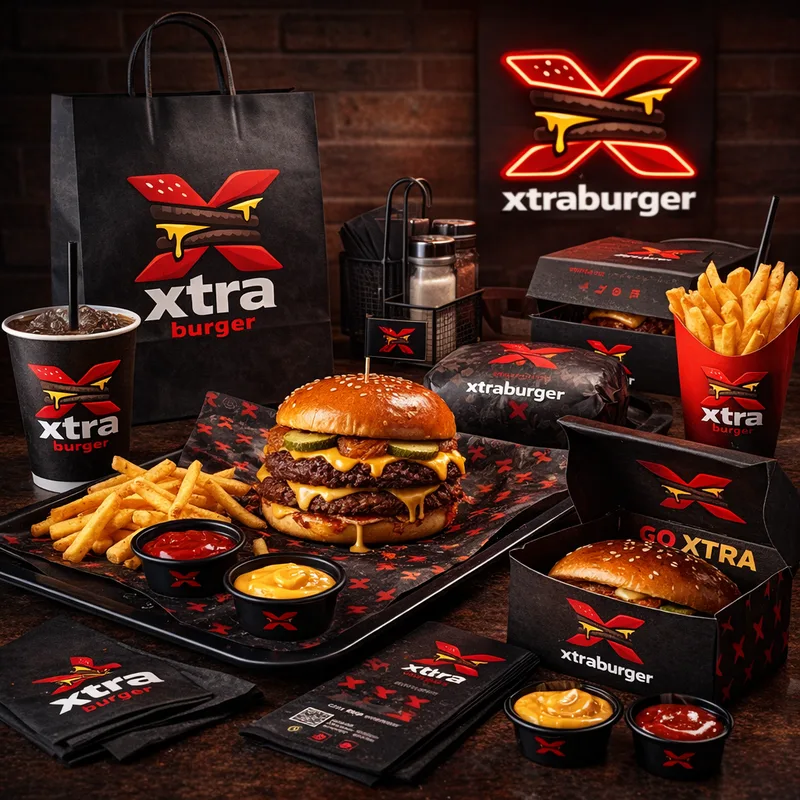 Xtraburger items on a dark table: black bag, cups, wrapped burger, boxes, fries, sauce pots and a cheeseburger, with a neon X logo on brick